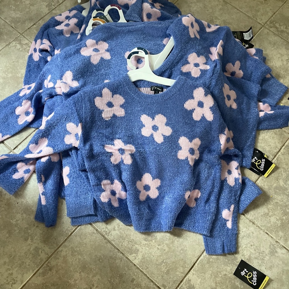 Girls Purple Daisy Blue Sweater